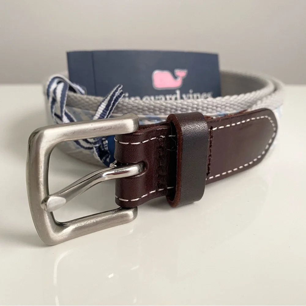 Vineyard Vines Kids Boys Seersucker Canvas Club Striped Blue White Brown Belt 26
